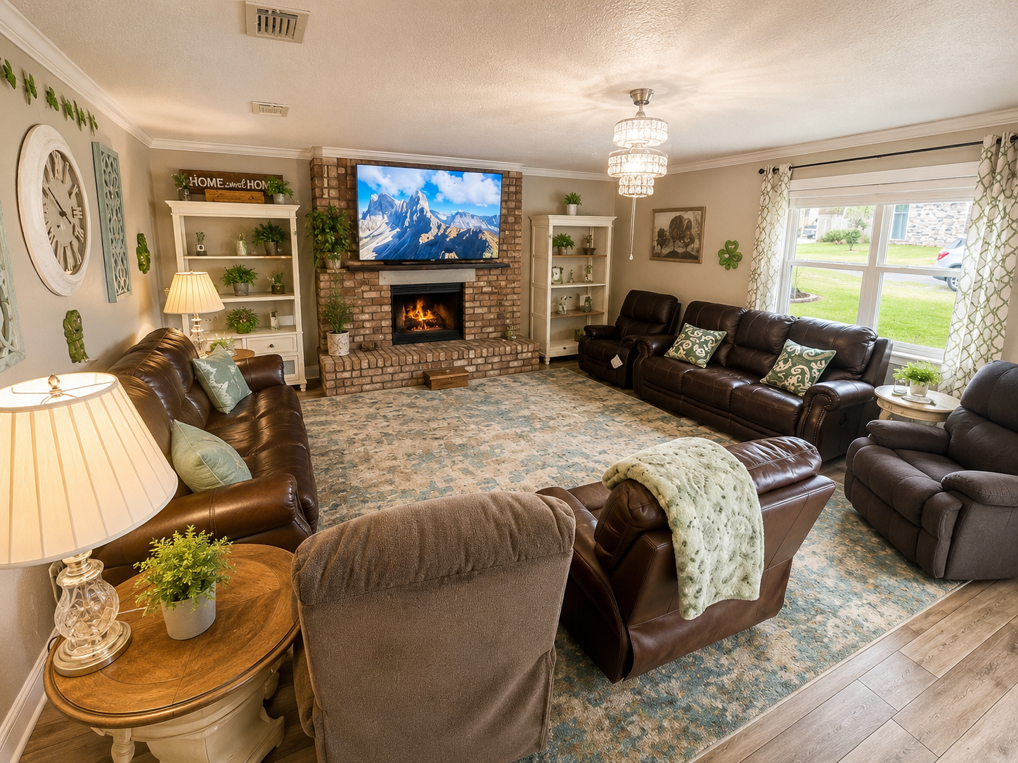 Warm living room with fireplace at Stonewood Senior Living